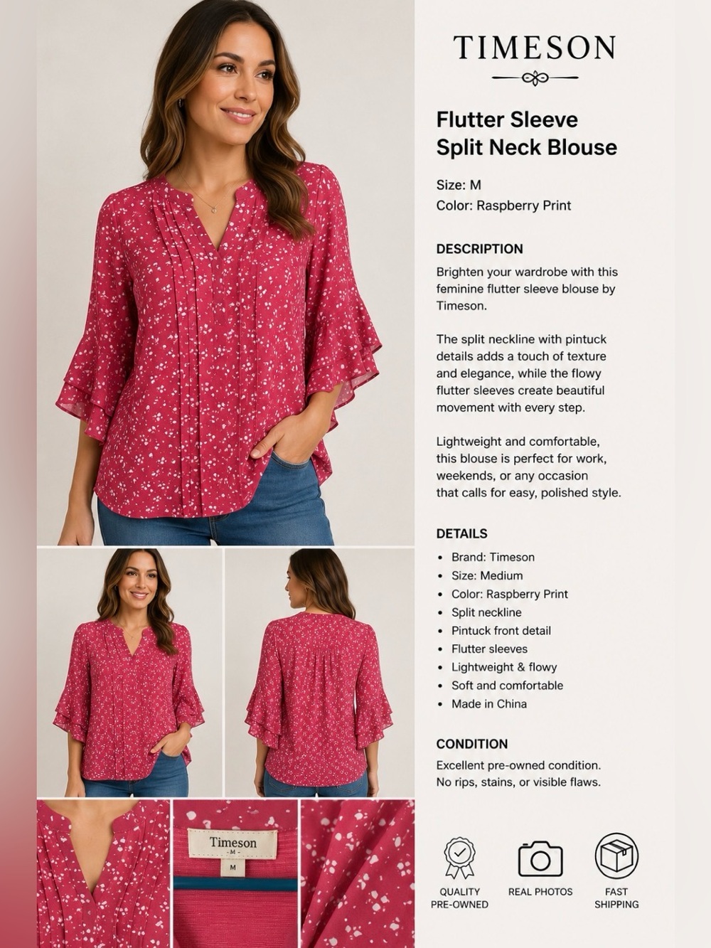 Timeson Raspberry Split-Neck Flutter Sleeve Blouse